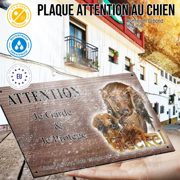 Panneau attention au chien Visuel de deux Teckels à poil long avec le texte Teckel