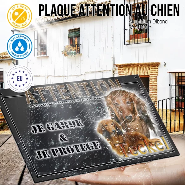 Panneau chien de garde Visuel de deux Teckels à poil long avec le texte Teckel
