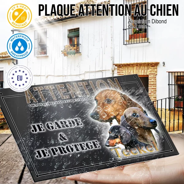 Panneau chien de garde Trois Teckels en gros plan sur fond vert