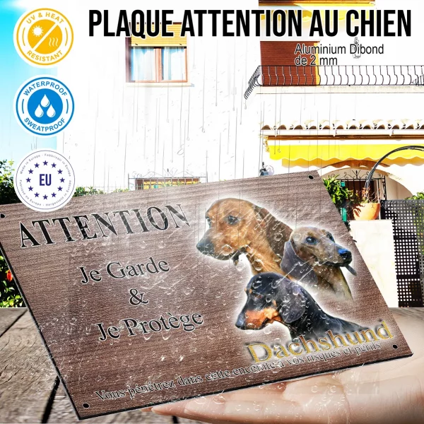 Panneau attention au chien Trois portraits de Dachshund sur fond vert foncé