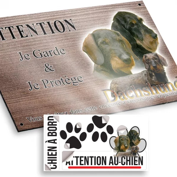 Plaque attention au chien Trois Dachshunds avec différents angles de vue
