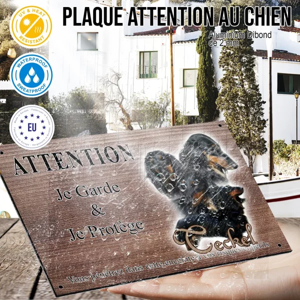 Panneau attention au chien Quatre Teckels avec longs poils et un en entier