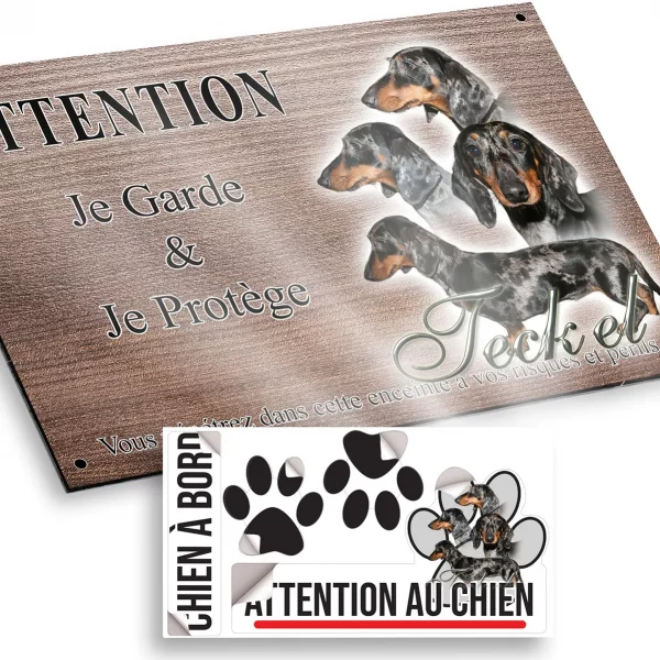 Plaque attention au chien Collage de Teckels avec différentes expressions