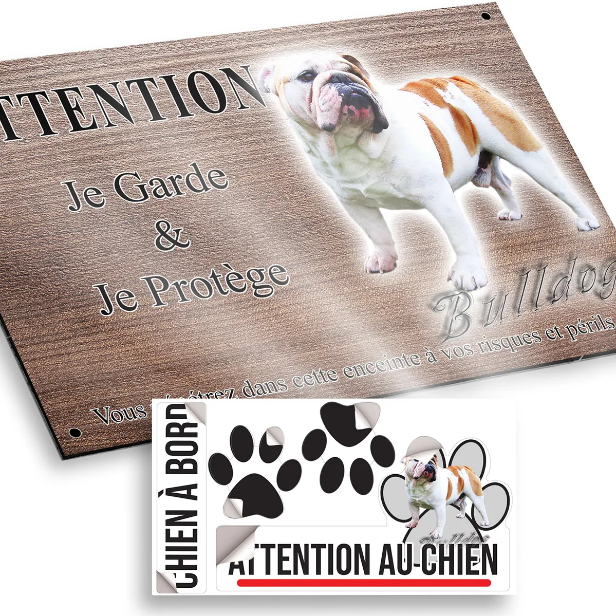 Plaque attention au chien Bulldog debout avec une robe blanche et marron