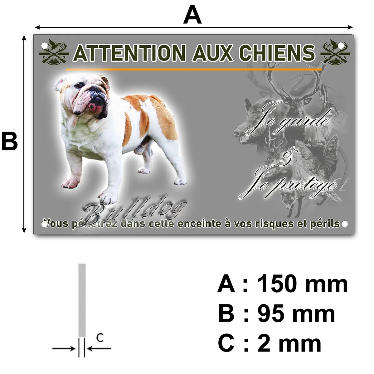 Plaque Bulldog debout avec une robe blanche et marron