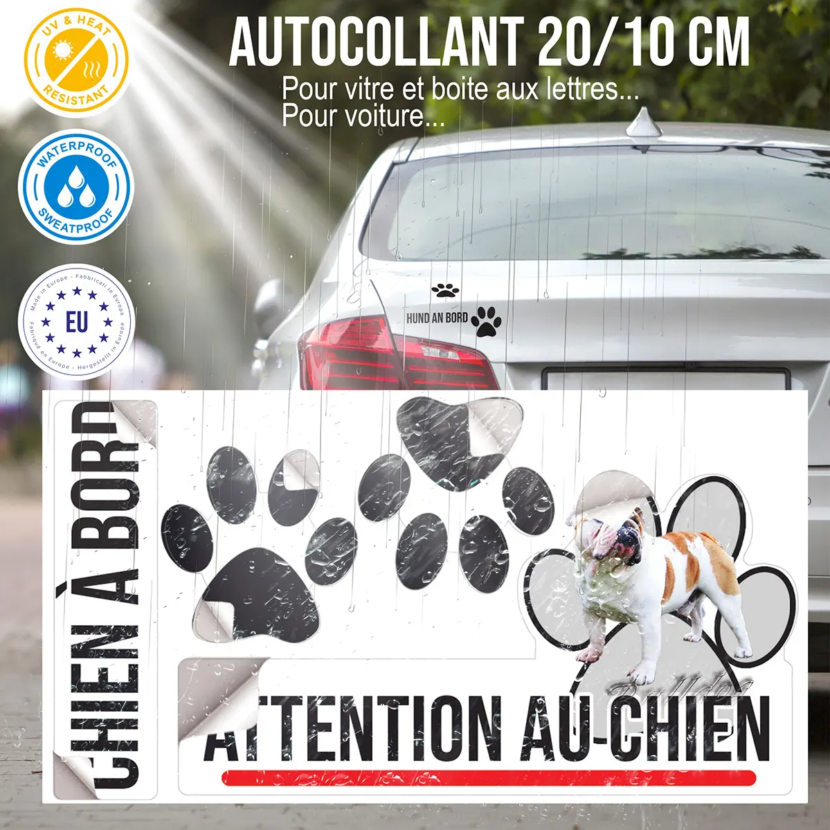 Plaque chien de garde Bulldog debout avec une robe blanche et marron