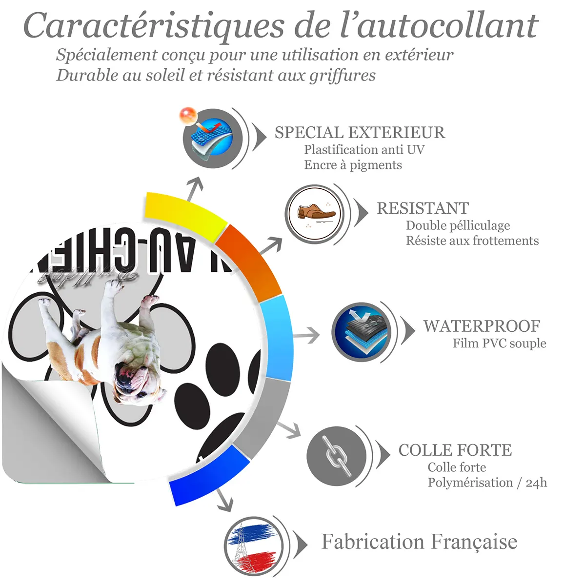 Chien a bord Bulldog debout avec une robe blanche et marron