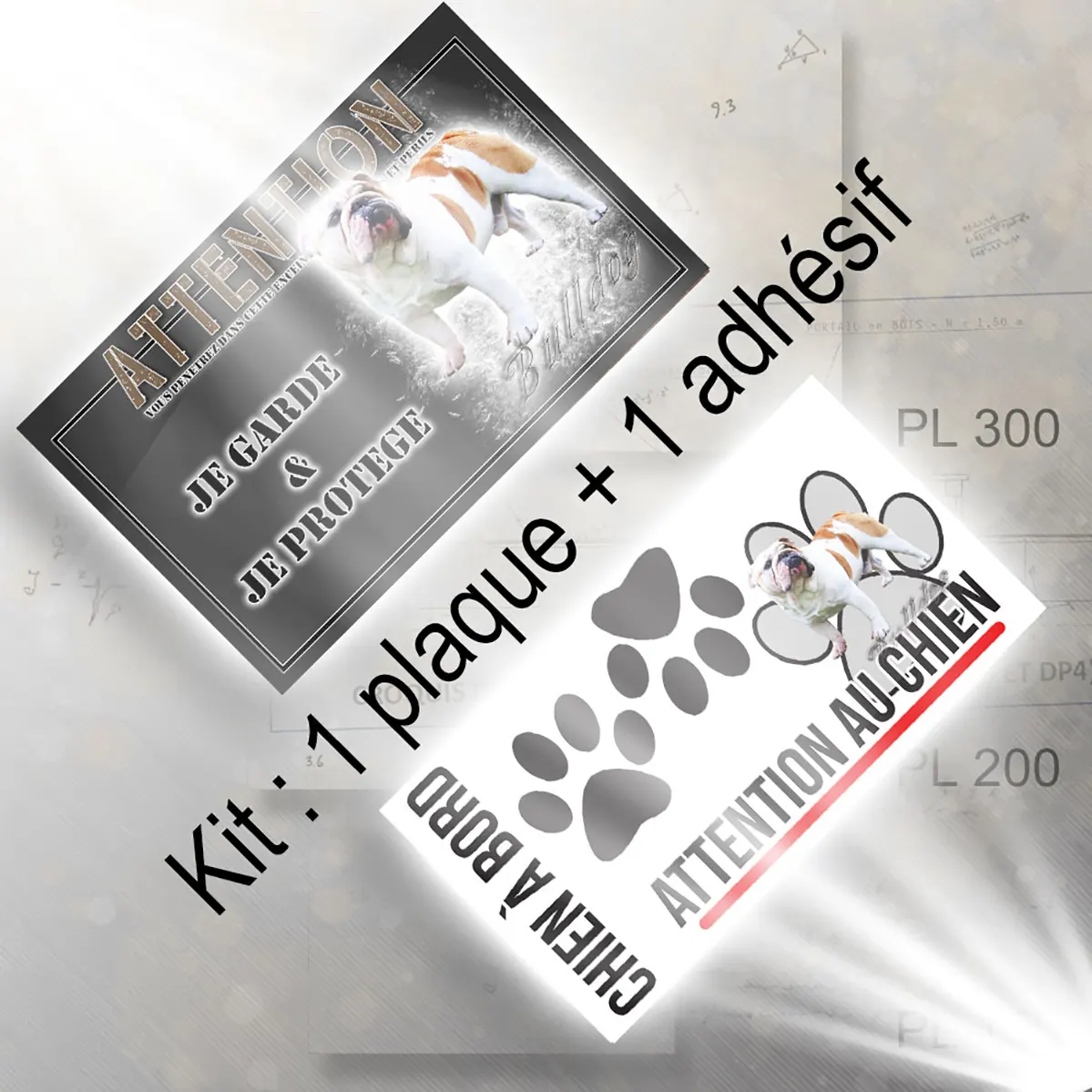 Plaque chien de chasse Bulldog debout avec une robe blanche et marron