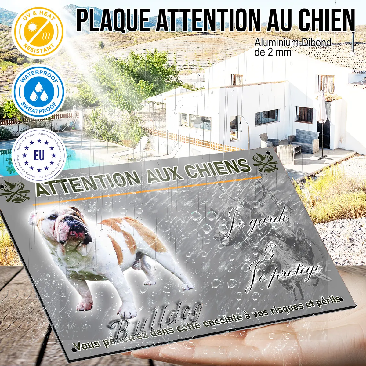 Panneau Bulldog debout avec une robe blanche et marron