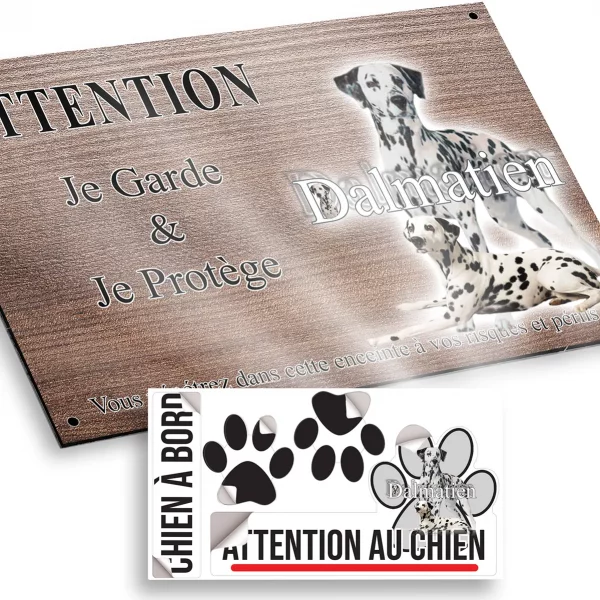 Plaque attention au chien Portraits de plusieurs Dalmatiens avec texte