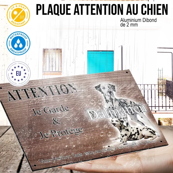 Panneau attention au chien Portraits de plusieurs Dalmatiens avec texte