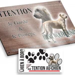 Plaque attention au chien Irish Wolfhound en profil avec texte descriptif