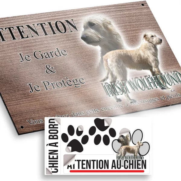 Plaque attention au chien Irish Wolfhound en profil avec texte descriptif