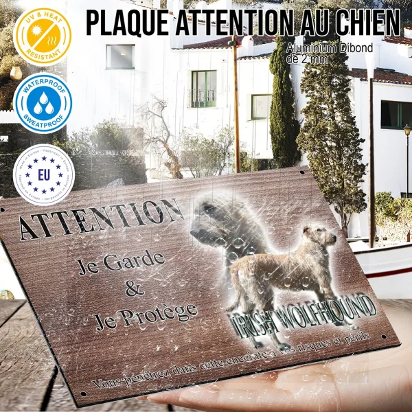 Panneau attention au chien Irish Wolfhound en profil avec texte descriptif