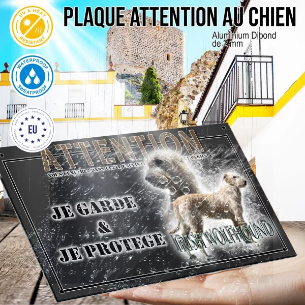 Panneau chien de garde Irish Wolfhound en profil avec texte descriptif