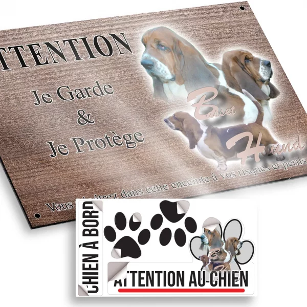 Plaque attention au chien Visuel de Basset Hound avec trois chiens