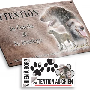 Plaque attention au chien Un Deerhound illustré avec ses têtes et corps