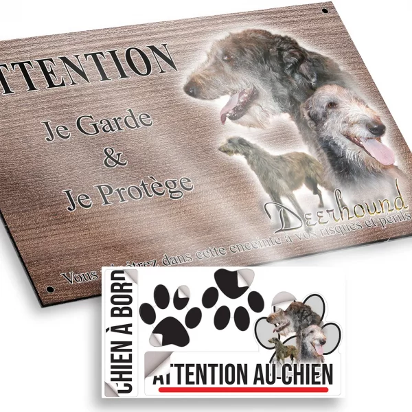 Plaque attention au chien Un Deerhound illustré avec ses têtes et corps