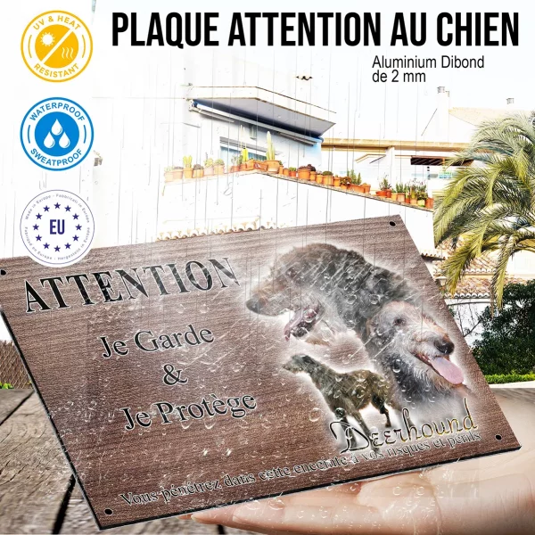 Panneau attention au chien Un Deerhound illustré avec ses têtes et corps