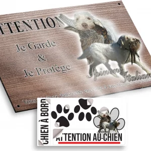 Plaque attention au chien Spinone Italiano tenant un gibier dans sa bouche
