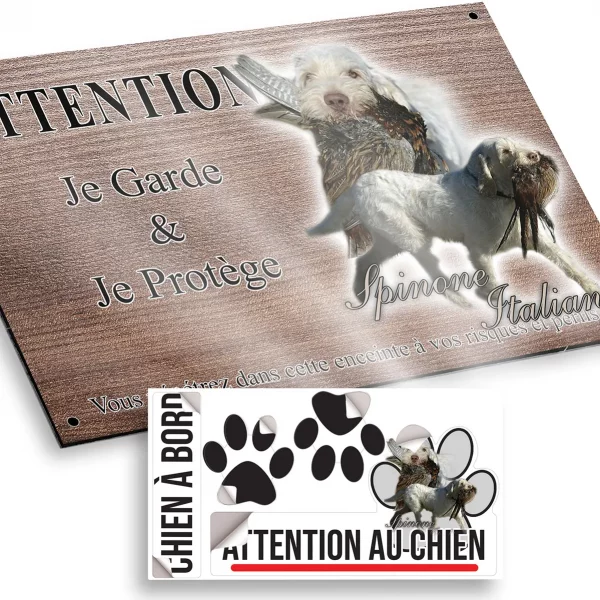 Plaque attention au chien Spinone Italiano tenant un gibier dans sa bouche
