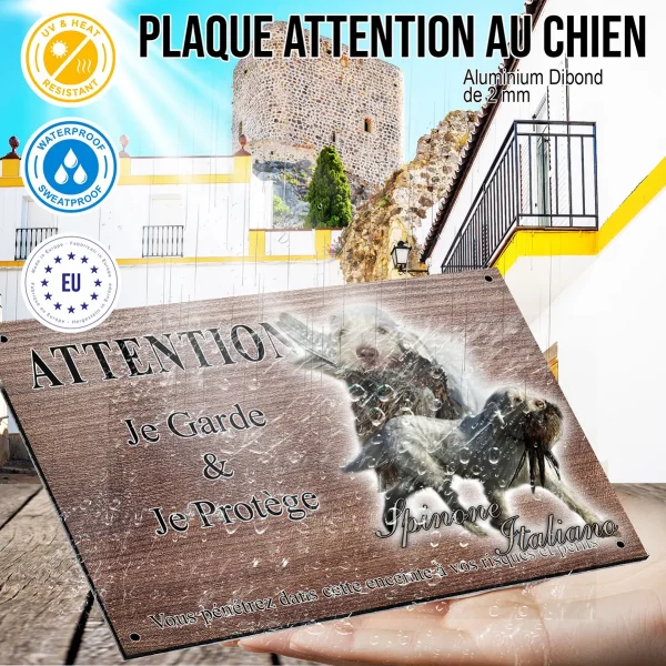 Panneau attention au chien Spinone Italiano tenant un gibier dans sa bouche
