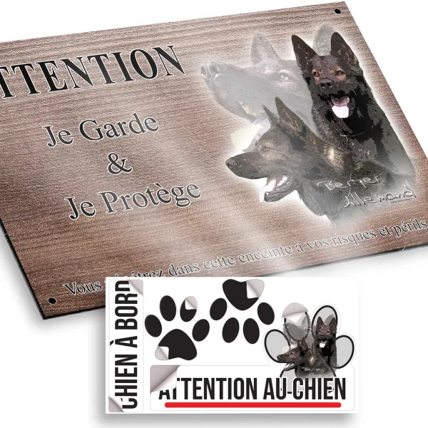 Plaque attention au chien Illustration de 3 Bergers Allemands en détail