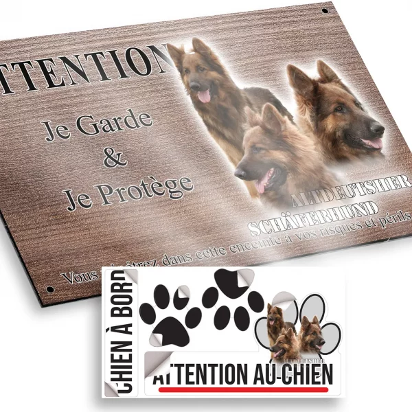 Plaque attention au chien Trois portraits d'Altdeutscher Schäferhund sur fond flou