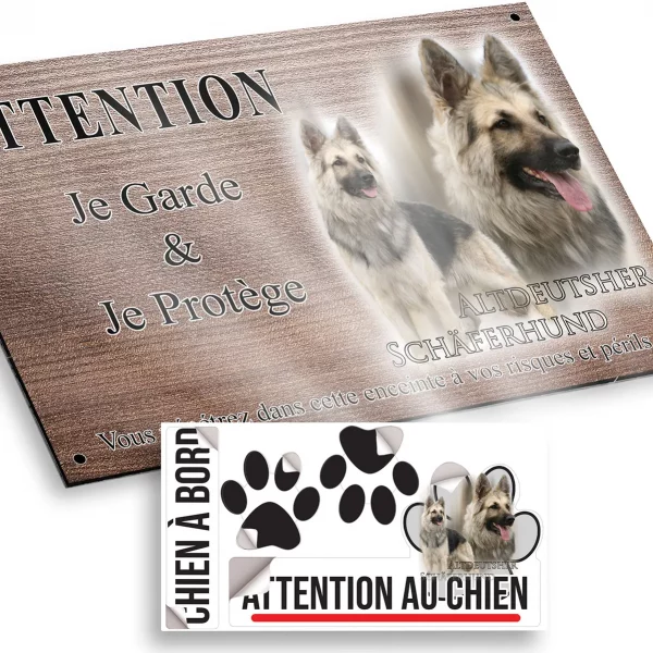 Plaque attention au chien Altdeutscher Schäferhund en portrait et en profil