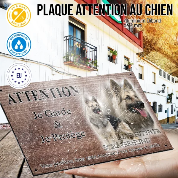 Panneau attention au chien Altdeutscher Schäferhund en portrait et en profil