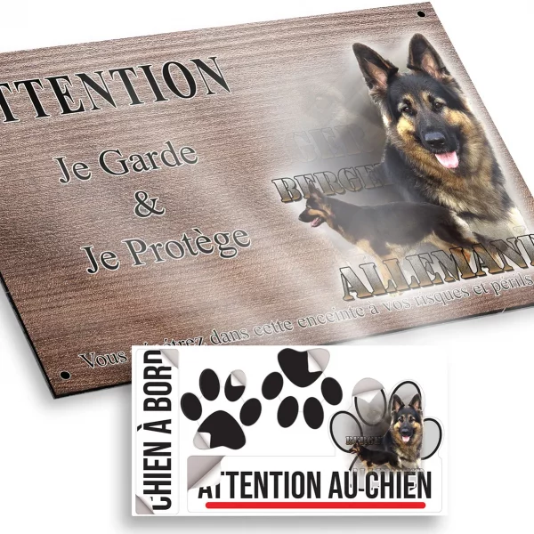 Plaque attention au chien Berger Allemand avec texte en arrière plan