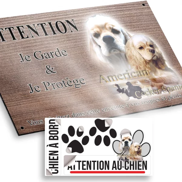 Plaque attention au chien American Cocker Spaniel avec variations de robe