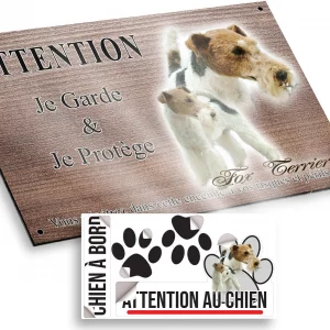Plaque attention au chien Deux Fox Terriers