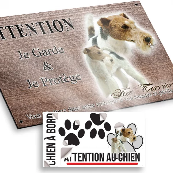 Plaque attention au chien Deux Fox Terriers