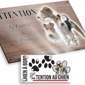 Plaque attention au chien Trois Fox Terriers avec différentes poses et couleurs