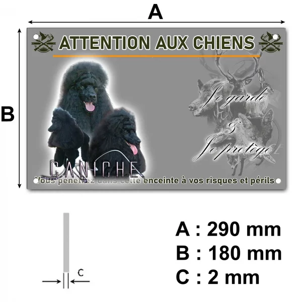 Pancarte Trois caniches noirs sur fond blanc