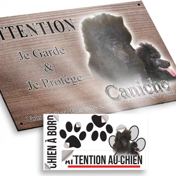 Plaque attention au chien Deux caniches noirs avec un pelage bouclé et volumineux