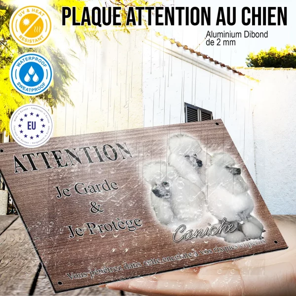 Panneau attention au chien Trois caniches blancs avec un pelage soyeux et volumineux
