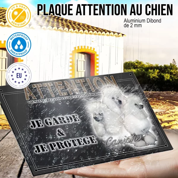 Panneau chien de garde Trois caniches blancs avec un pelage soyeux et volumineux