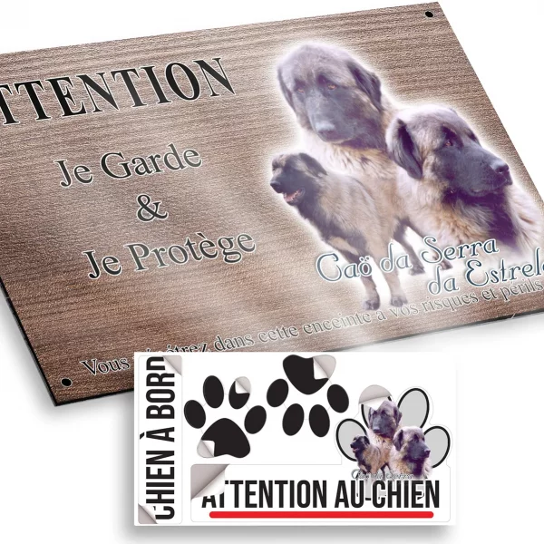 Plaque attention au chien Cão da Serra da Estrela avec plusieurs portraits