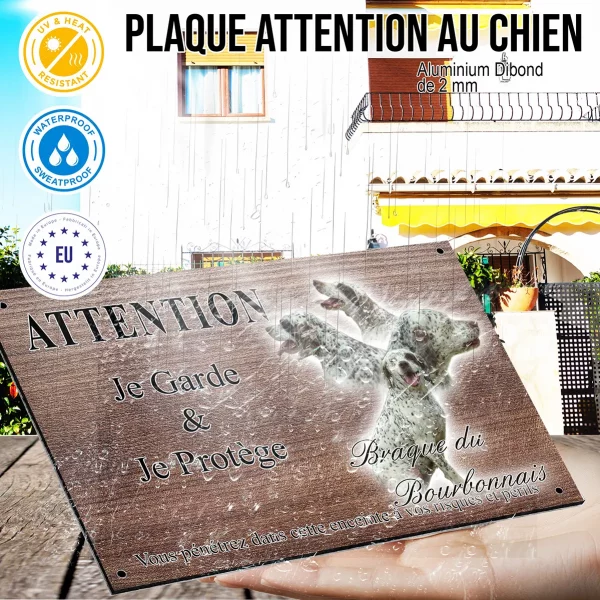 Panneau attention au chien Braque du Bourbonnais avec un chien entier et têtes en profil