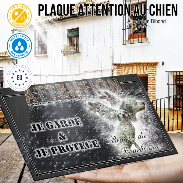 Panneau chien de garde Braque du Bourbonnais avec un chien entier et têtes en profil