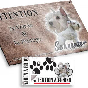 Plaque attention au chien Deux Schnauzers blancs sur fond graphique noir