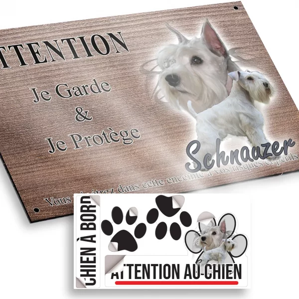 Plaque attention au chien Deux Schnauzers blancs sur fond graphique noir