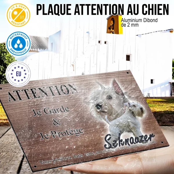 Panneau attention au chien Deux Schnauzers blancs sur fond graphique noir