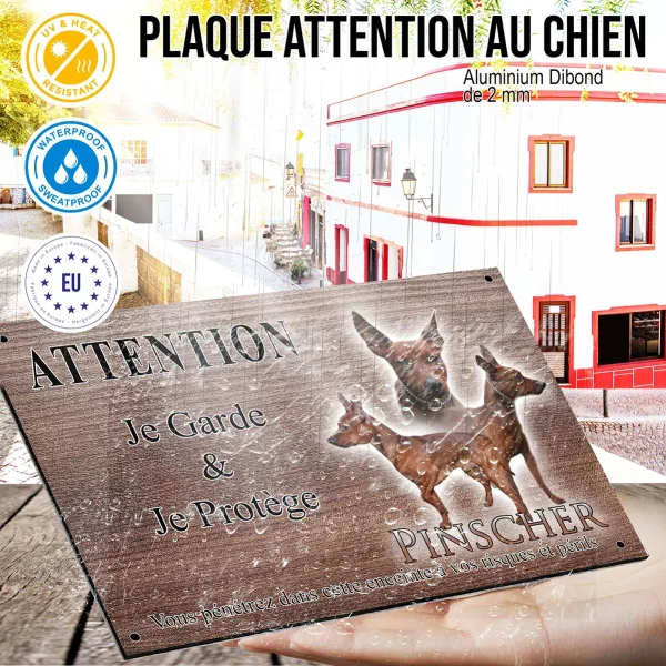 Panneau attention au chien Trois Pinschers en différentes poses sur fond noir.