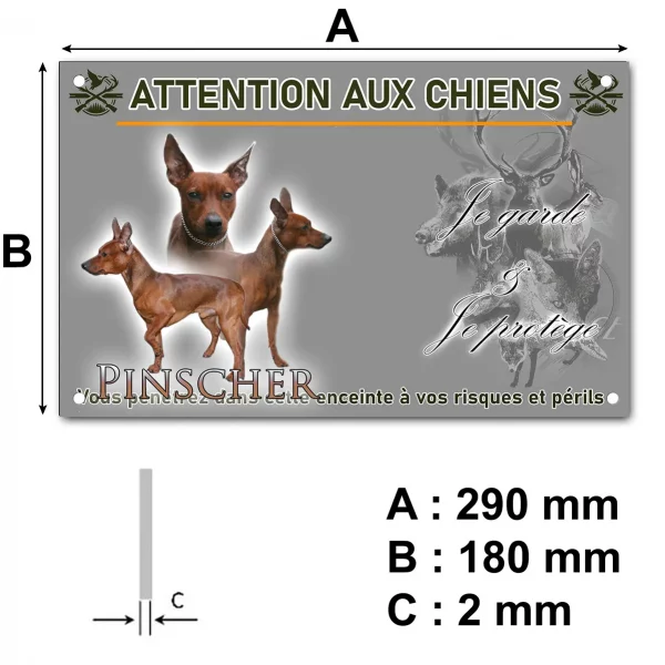 Pancarte Trois Pinschers en différentes poses sur fond noir.