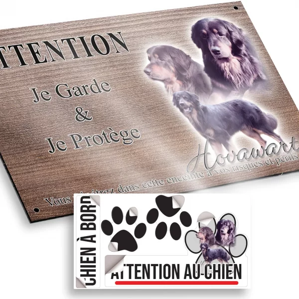 Plaque attention au chien Trois Hovawarts avec une belle robe élégante.