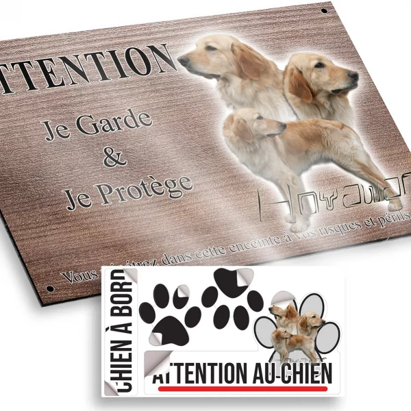 Plaque attention au chien Trois Golden Retrievers en vue de profil et un texte stylisé.