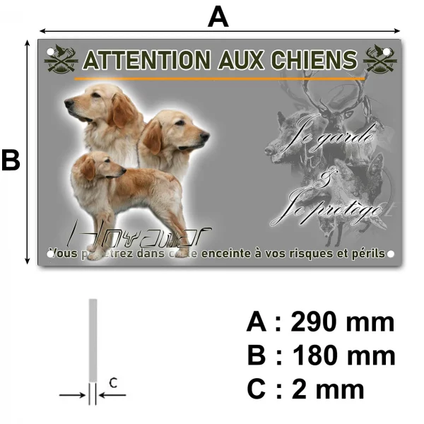 Pancarte Trois Golden Retrievers en vue de profil et un texte stylisé.